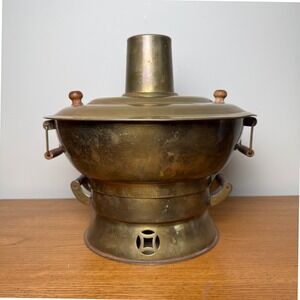 Vintage Tibetan Brass Hot Pot Stove Wooden Handles Fondue Soup Warmer Steamer